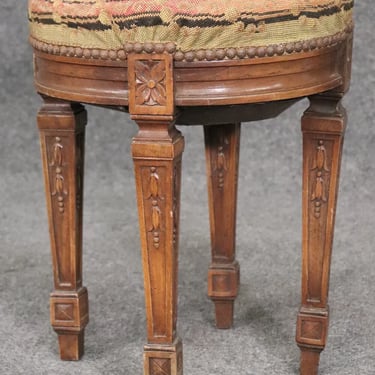 Petite Antique French Louis XVI Walnut Tapestry Needlepoint Upholstered Stool