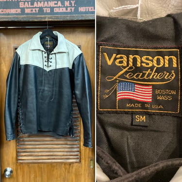 Vintage 1980’s “Vanson” 2-Tone Motorcycle MC Lace-Up Pullover Riding Leather Jacket, 80’s Vintage Clothing 