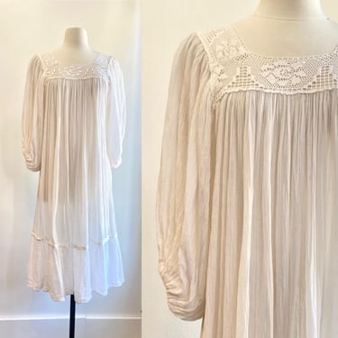Vintage Cotton GAUZE Dress Beach Cover Up / Crochet Neckline  + Puffy BALLOON Sleeves / Made in Mexico 