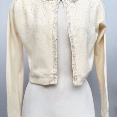 1950's Ivory Angora Wool BEADED Cardigan Sweater Vintage Pearls, Sequins, Stones, size 38, Small, Bridal Wedding White Antique 