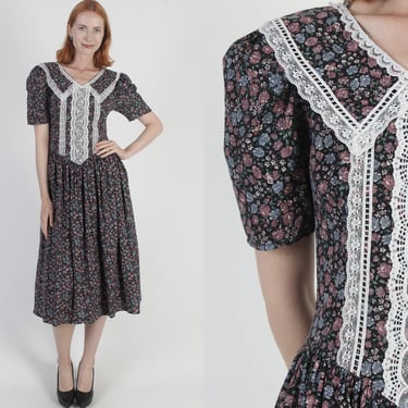 Black Floral 80s Jessica McClintock Dress Vintage Romantic Victorian Style Sundress Wide Lace Collar Neckline 