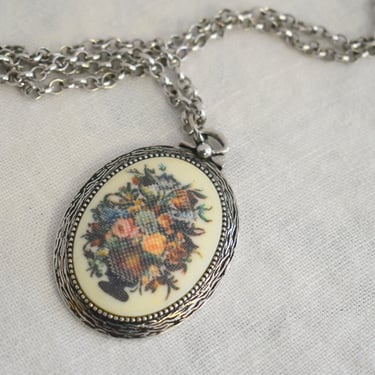 1970s Sarah Coventry Flower Bouquet Needlepoint Pendant and Chain 