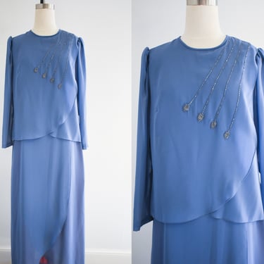1970s Blue Chiffon Beaded Maxi Dress 