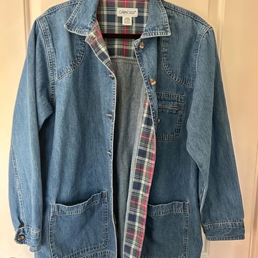 Cotton denim button up chore coat in medium wash 