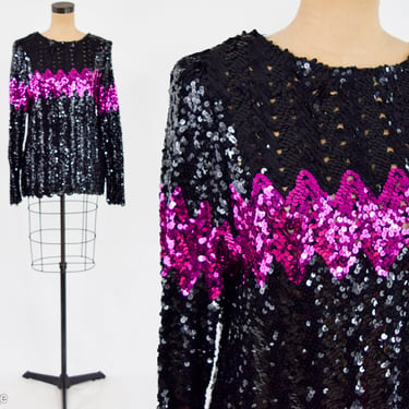 1980s Black Sequin Evening Sweater | 80s Black & Hot Pink Zig Zag Sweater | Medium 