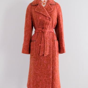 Vintage 1960's Coral Red Mohair Wool Trench Coat/ L/XL