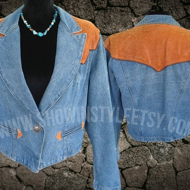 Women's Vintage Western Jacket Coat by Frontier Collection made in the U.S.A., Denim & Tooled Leather, Tag XLarge (see meas. photo) 