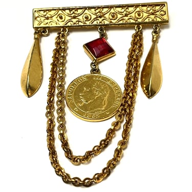 Signed Ben Amun Brooch, Designer Brooch, Coin Dangle Chained brooch, Designer Vintage Broich, Coin Dangle Pin 