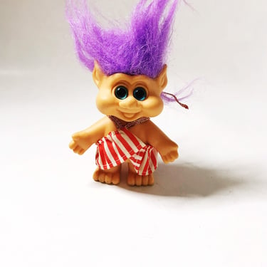 Troll with Purple Hair, 1992 Pointy Ear Funny Troll with Striped Halter Dress I.T.B International Teddy Bear Collectible Vintage Trolls 90s 