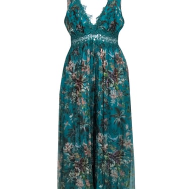 Zimmerman - Teal Floral Print Silk Cami Style Jumpsuit w/ Wide Leg Sz 2