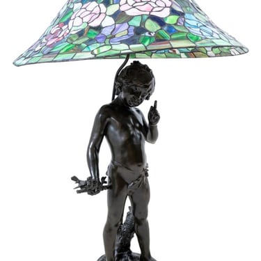 Auguste Moreau Bronze and Leadlight Lamp