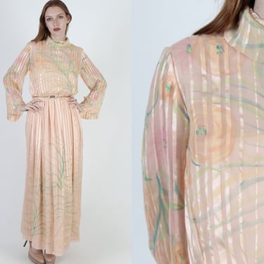 Full Length 80s Apricot Silk Chiffon Floral Maxi Dress 