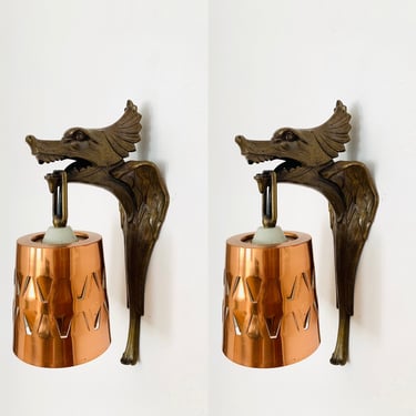 Set of 2 Sculptural Bronze Cast Dragon Sconce | 1930s 