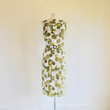 Vintage 1960's Yellow and Black Leaf Print Sheath Wiggle Dress Sexy Open Back Sleeveless Style 60's Mod Spring Summer 32