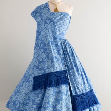 Spectacular 1950's Blue Rose Print Cotton Summer Dress By Designer Tina Leser / S