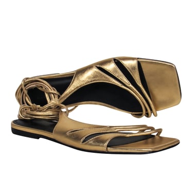 Sigerson Morrison - Gold Leather Strappy Sandals w/ Ankle Wrap Tie Sz 8