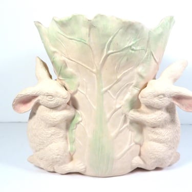Vintage Pale Pink Bisque Ceramic Rabbit and Cabbage Lettuce Vase - Jubilee Pink Rabbit Cabbage Flower Vase 