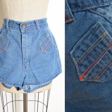 vintage 70s jean shorts rainbow stitch denim high waisted hippie clothing blue S 