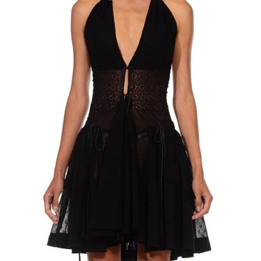 1990S Azzedine Alaia Black Polyester Voile Lace Strapped Halter Backless Dress 