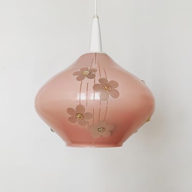 Lovely Pink Mid-Century Modern Glass Pendant Lamp | 1950s 