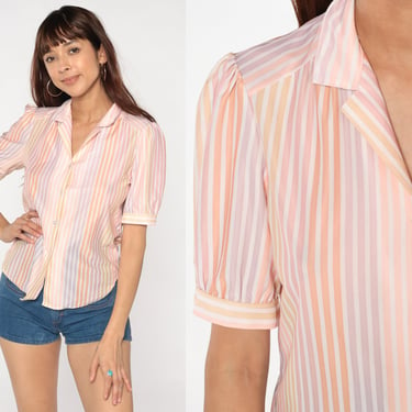 80s Striped Blouse Puff Sleeve Button Up Top Retro Pastel Notched Collar Secretary Shirt Seventies Pink Purple Orange Vintage 70s Medium M 