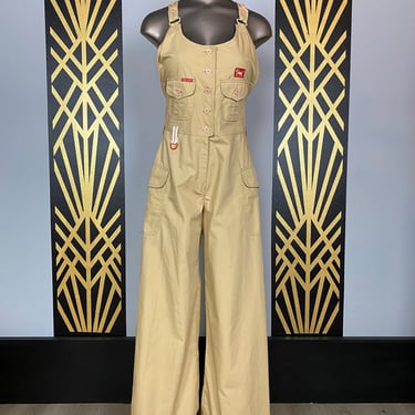 1970s overalls, workwear style, vintage bib overalls, wide leg, khaki cotton blend, small medium, 27, women's pants, uniform, streetwear 