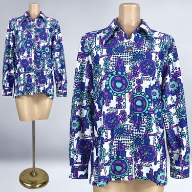 VINTAGE 60s 70s Psychedelic Op-Art Dagger Collar Blouse Shirt L/XL | 1970s Groovy Disco Printed Top | VFG 