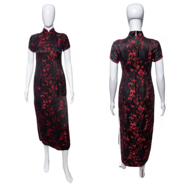 1980's Black and Red Embroidered Cheongsam Brocade Dress Size S/M