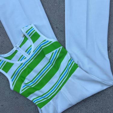 Vintage 70s Textured Striped Green White Flared Sleeveless Jumpsuit Small 