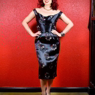 1950s Shaheen Black Satin Asian Brocade Cocktail Dress 