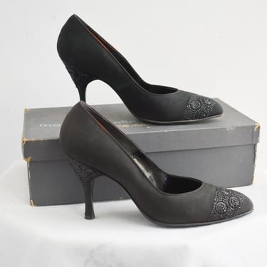 1960s Mademoiselle Black Embroidered Heels, Size 6B, with Original Box 