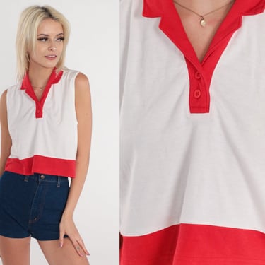 Sleeveless Polo Shirt 80s White Red Shirt Button Up Tank Top Striped Color Block Button up Shirt Collared Vintage Retro Tee Medium 