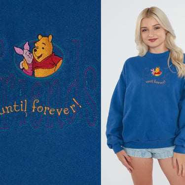 Winnie The Pooh Sweatshirt 90s Disney Sweater Piglet Embroidered Friends Until Forever Graphic Shirt Cartoon Retro Blue Vintage 1990s Medium 