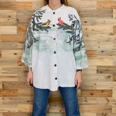 90's Faded and Worn Scenic Bird Print Cardigan Sweater 