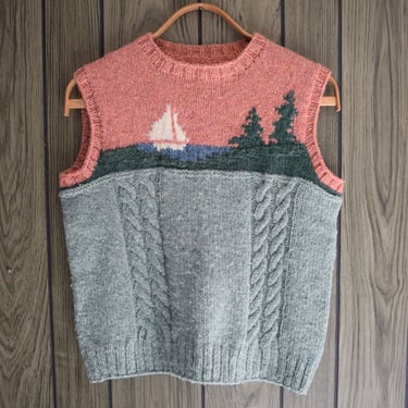 Vintage 1980s Maine Scene Knit Wool Pullover | M | Hand Knit Sweater Vest with Coastal Landscape of Trees and Sailboat 