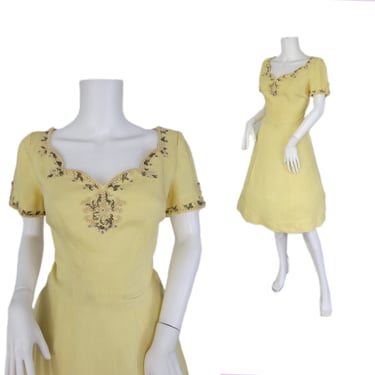 I Magnin 1950's Pale Yellow Linen Dress I Beaded Collar I Sz Med 