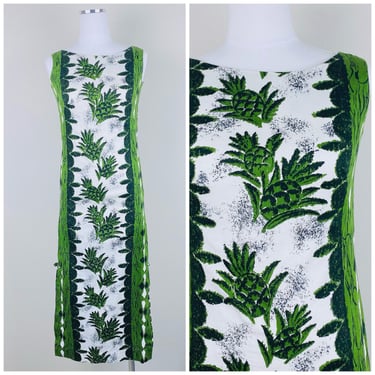 1960s Vintage Green and White Pineapple Print Dress / 60s / Sixties Pineapple Print Tropical Cotton Sheath Dress / XS - Small 