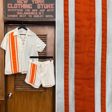 Vintage 1960’s “Towncraft” Mod Two-Piece Cabana Racing Stripe Outfit, 1960’s, Cabana Set, Vintage Shorts, Vintage Shirt, Raving Stripe, 