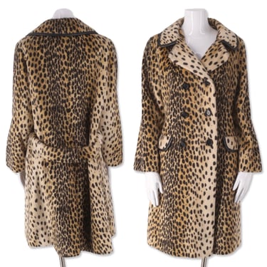 50s vintage LA FRANCE leopard print faux fur coat M, 1950s pin up cheetah plush fur, flared A line coat 1960s 50s 