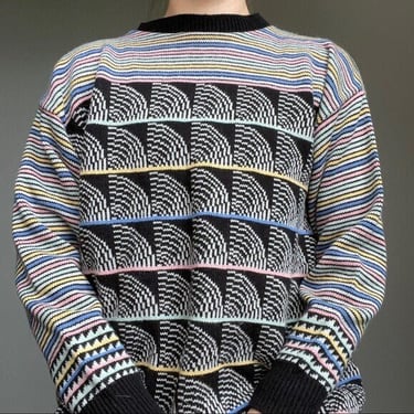 Vintage 80s Styles To Go Rainbow Geometric Pullover Crewneck Sweater Sz L 