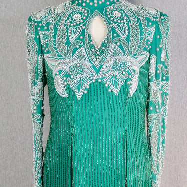 1980s - Heavily Beaded Full Length Gown - Green - Evening Gown - Prom Dress - Formal Dress - Mockneck 
