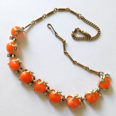 Fantastic Vintage 50s 60s 70s Orange Cabochon & Rhinestone Link Choker Necklace 