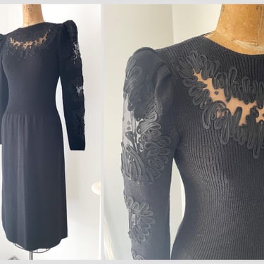 Vintage ‘80s Pat Sandler for Wellmore black knit dress | wool rayon knit dress with ribbon soutache, gothic vibes, S 