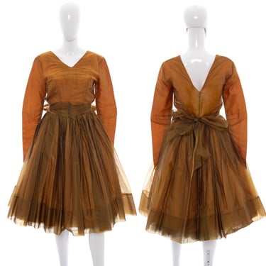 1960's Marigold and Brown Organza Party Dress Size S