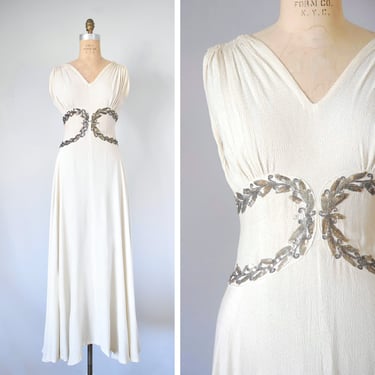 Norma silk crepe vintage wedding dress, 1930s dress, art deco evening gown, silk dress, sleeveless wedding gown, sequins maxi dress, 1940s 