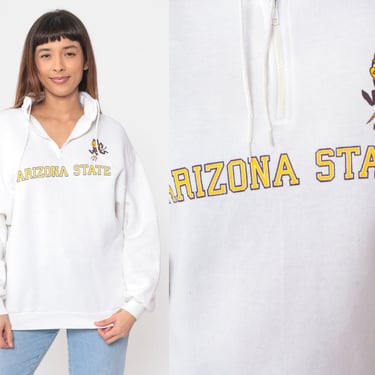 Arizona State University Sweatshirt 90s Quarter Zip Pullover Sweater ASU Sun Devils Graphic Shirt Tempe AZ Sports White Vintage 1990s Medium 