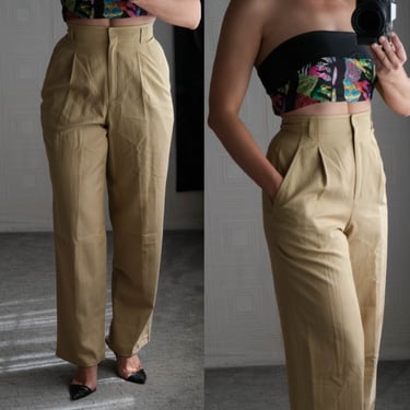 Vintage 80s Liz Claiborne Natural Khaki High Waisted Wide Leg Pants w/ Pockets | Silk Cotton Blend | Vintage 1980s Designer High Waist Slack 