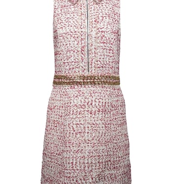 Alice & Olivia - White, Raspberry, & Gold Tweed Chain-Trimmed Dress Sz 10