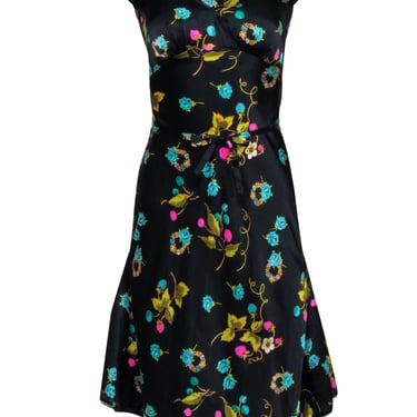Betsy Johnson - Black w/ Pink &amp; Green Floral Fruit Print Silk Dress Sz 4
