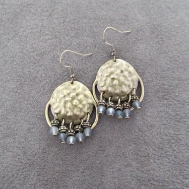 Gray frosted glass and hammered bronze chandelier earrings 